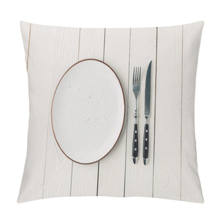 Personality  Empty Plate And Cutlery On White Wooden Background Pillow Covers