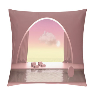 Personality  Imaginary Fictional Architecture, Interior Design Of Empty Space With Arched Window With Curtain, Concrete Pink Walls, Swimming Pool With Chaise Longue, Sunrise Sunset Sea Panorama Pillow Covers