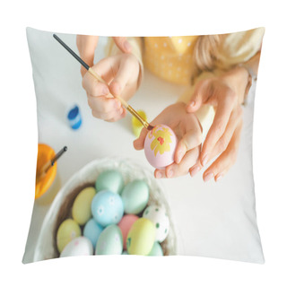 Personality  Top View Of Kid Painting Easter Egg Near Mother On White  Pillow Covers