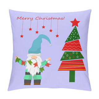 Personality  Postcard Template With Little Gnome And Christmas Tree. Festive Christmas Illustration.  Pillow Covers