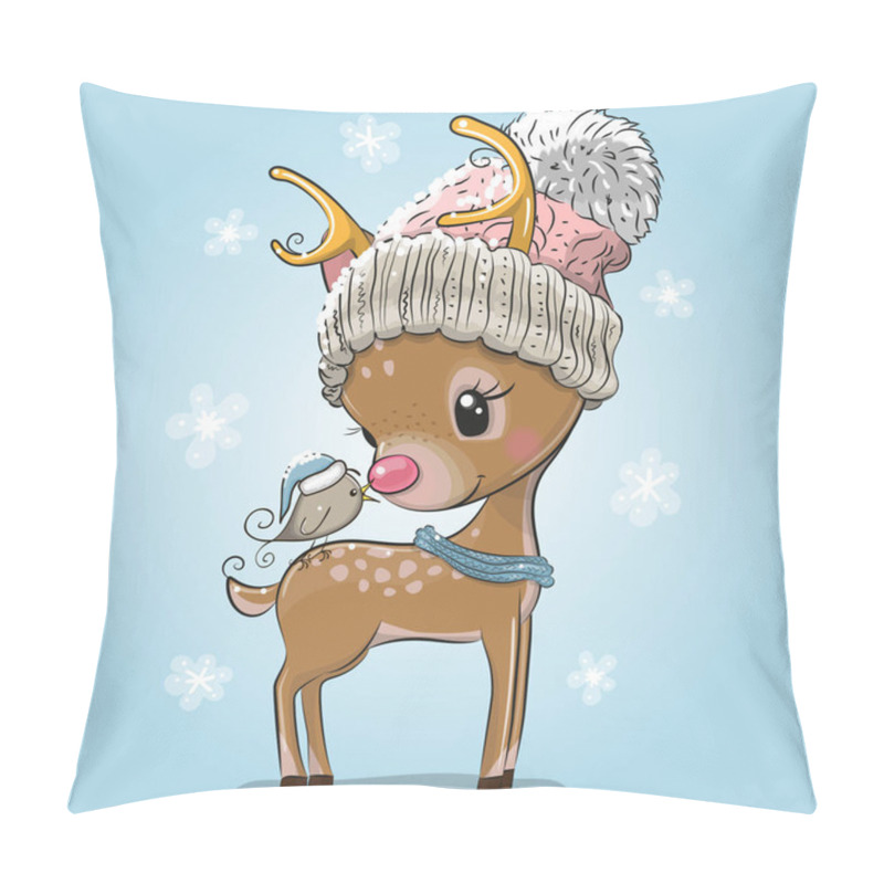 Personality  Cute cartoon Deer hat with bird on a blue background pillow covers