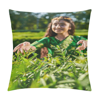 Personality  Smiling Young And Blurred Indian Woman Touching Green Bushes In Park In Summer Pillow Covers