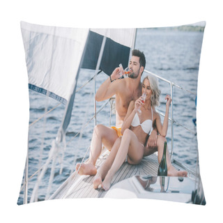 Personality  Smiling Couple In Swimwear Drinking Champagne On Yacht  Pillow Covers