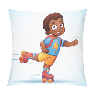 Personality  Little African American Boy Riding On Roller Skates. Happy Child Enjoys The Speed And Freedom Pillow Covers