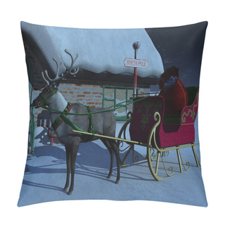 Personality  Reindeer With Sleigh Waiting Outside Santa Claus' House. Pillow Covers
