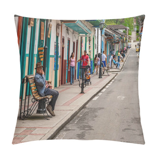 Personality  SALENTO QUINDIO COLOMBIA, 30_12_2014_Beautiful Street And Facades Of The Houses Of The Small Town Of Salento Located At The Region Of Quindio In Colombia Pillow Covers