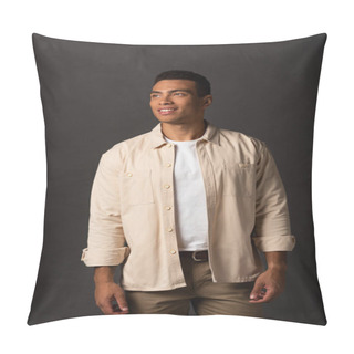 Personality  Smiling Handsome Mixed Race Man In Beige Shirt Looking Away On Black Background Pillow Covers