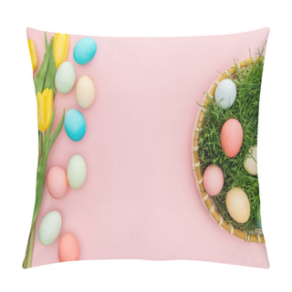 Personality  Top View Of Tulip Flowers And Pastel Easter Eggs In Wicker Plate Isolated On Pink Pillow Covers