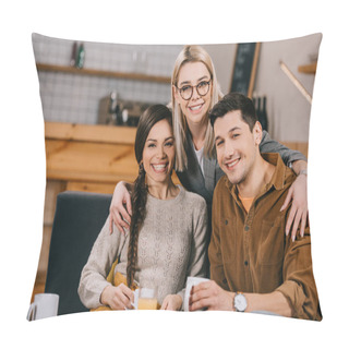 Personality  Cheerful Woman In Glasses Hugging Smiling Friends In Cafe  Pillow Covers