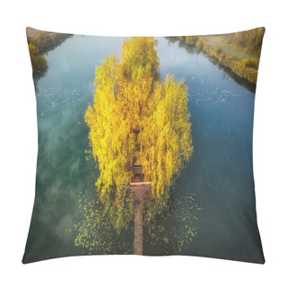 Personality  Morning Landscape, Wooden Hunting Lodge, On A Small Man-made Island. A Wooden Platform Is Coming To The House, Birch Trees Are Growing On Both Sides. Village Of Old Solotvin Pillow Covers