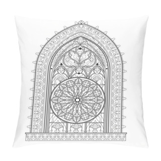 Personality  Beautiful Gothic Stained Glass Window From French Church With Rose. Black And White Drawing For Coloring Book. Medieval Architecture In Western Europe. Worksheet For Children And Adults. Vector Image. Pillow Covers
