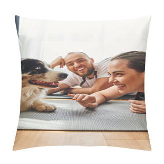 Personality  Smiling Woman In Sportswear Lying On Fitness Mat Near Boyfriend And Border Collie At Home Pillow Covers