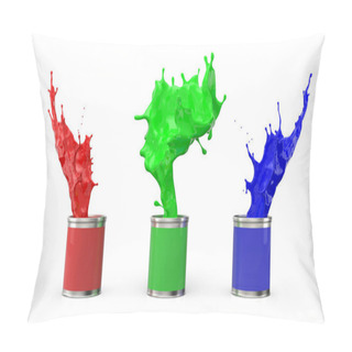 Personality  Three Cans Of Paint And Splashes Of Them On A White Background. Definition Of RGB Color System. 3 D. Pillow Covers