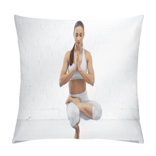 Personality  Woman With Praying Hands Balancing On Yoga Mat  Pillow Covers