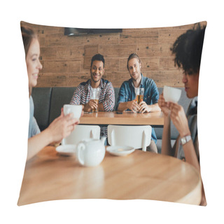 Personality  Multiethnic People Sitting In Cafe Pillow Covers