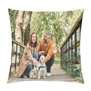 Personality  A Loving Couple Sits On A Bridge With Their Two Dogs, Enjoying A Peaceful Moment In The Park. Pillow Covers