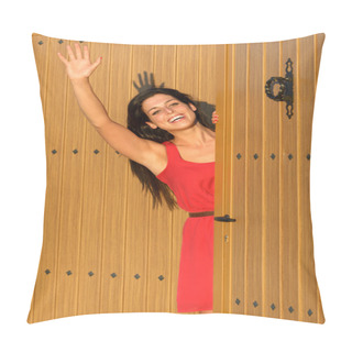 Personality  Woman Waving At House Entrance Pillow Covers