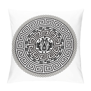 Personality  Greek Vector Black And White Round Mandala Pattern. Ornamental  Background With Floral Baroque Frame. Geometric Shapes, Circles, Waves. Vintage Flowers, Leaves. Greek Key Meanders Mandala Ornament Pillow Covers