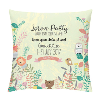 Personality  Colorful Greeting Card With Bear,bird,fox,lion,owl,flower,leaf A Pillow Covers