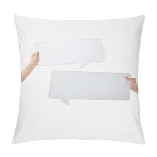 Personality  Cropped View Of Two Women With Speech Bubbles In Hands Isolated On White Pillow Covers