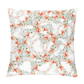 Personality  Blue And Orange Flowers. Watercolour Drawing Of Background With Orchids And Forget Me Nots. Pillow Covers