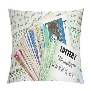 Personality  Green Lottery Tickets And Iranian Money Bills On Blank With Numbers For Playing Lottery Close Up Pillow Covers