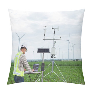Personality  Engineer Using Tablet Computer Collect Data With Meteorological Instrument To Measure The Wind Speed, Temperature And Humidity And Solar Cell System On Corn Field Background, Smart Agriculture Technology Concept Pillow Covers