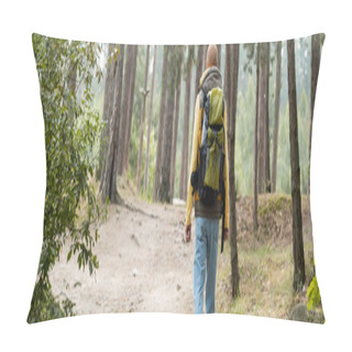 Personality  Back View Of Hiker With Backpack Walking In Forest, Banner Pillow Covers