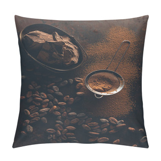 Personality  Delicious Chocolate Pieces, Cocoa Beans, Powder And Sieve On Dark Surface  Pillow Covers