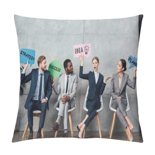 Personality  Happy Multiethnic Businesspeople Holding Speech Bubbles With Idea, Success, Planning And Strategy Lettering While Sitting In Waiting Hall Pillow Covers