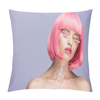 Personality  Attractive Woman With Pink Hair And Long Eyelashes Standing With Closed Eyes Isolated On Violet Pillow Covers