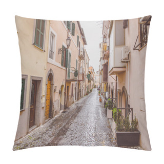 Personality  Narrow Street With Buildings In Castel Gandolfo, Rome Suburb, Italy  Pillow Covers