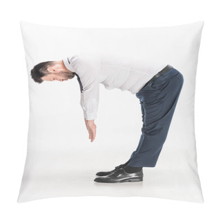 Personality  Overweight Man In Tight Formal Wear Bending Over And Stretching On White Pillow Covers