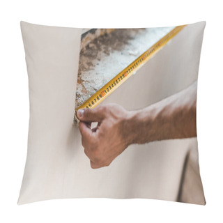 Personality  Cropped View Of Repairman Measuring Wall With Yellow Measuring Tape  Pillow Covers