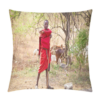 Personality  TANZANIA, AFRICA-FEBRUARY 9, 2014: Young Masai Herders  Herd And Protect Their Goats In Savannah On February 9, 2014. Tanzania , Africa. Pillow Covers
