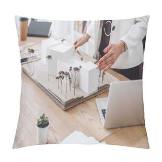 Personality  Partial View Of Professional Architect Working With House Model At Workplace Pillow Covers