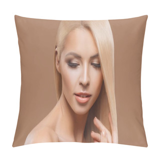 Personality  Portrait Of Beautiful Blonde Long Hair Girl With Closed Eyes Isolated On Beige Pillow Covers