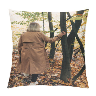 Personality  Back View Of Woman Standing In Autumn Forest And Touching Tree Trunk Pillow Covers