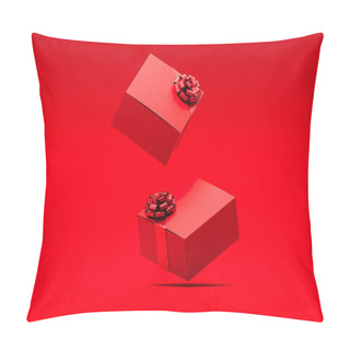 Personality  Red Realistic Cardboard Box With Red Ribbon On Red Background. 3d Rendering. Pillow Covers