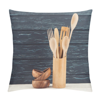 Personality  Closeup View Of Ramekins And Kitchen Utensils In Front Of Wooden Wall Pillow Covers