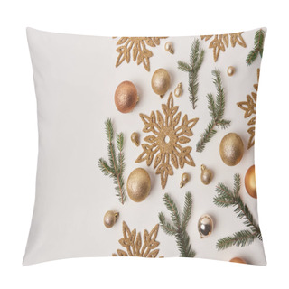 Personality  Top View Of Christmas Snowflakes, Baubles And Fir Twigs Isolated On White Pillow Covers
