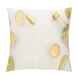 Personality  Collage Of Golden Tequila In Bottle And Shot Glasses With Lime On White Marble Surface Pillow Covers