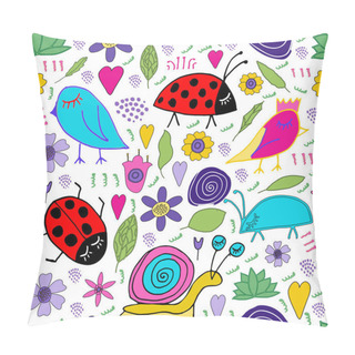 Personality  Hand Drawn Snail, Bird, Bug, Ladybug, Flowers, Leaves Doodle. Seamless Pattern. Print For Kids Design Pillow Covers