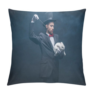 Personality  Emotional Magician In Suit And Hat Showing Trick With Wand And White Rabbit, Dark Room With Smoke Pillow Covers