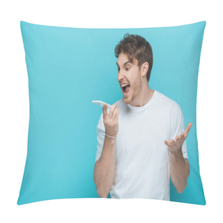 Personality  Angry Young Man Shouting During Video Call On Blue Background Pillow Covers