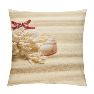 Personality  Seashells Near White Coral And Starfish On Sandy Beach In Summertime  Pillow Covers