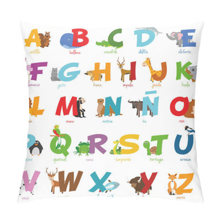 Personality  Cute Cartoon Zoo Illustrated Alphabet With Funny Animals. Spanish Alphabet. Learn To Read. Isolated Vector Illustration. Pillow Covers