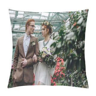 Personality  Beautiful Stylish Young Bride And Groom Walking Together In Botanical Garden Pillow Covers