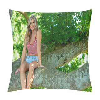 Personality  Amidst Blossoming Spring, A Beautiful Mexican American Woman Gracefully Poses In A Tree, Blending Nature's Beauty With Her Own, Capturing A Serene Moment Pillow Covers