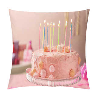 Personality  Beautiful Tasty Birthday Cake With Candles On Dessert Stand Pillow Covers